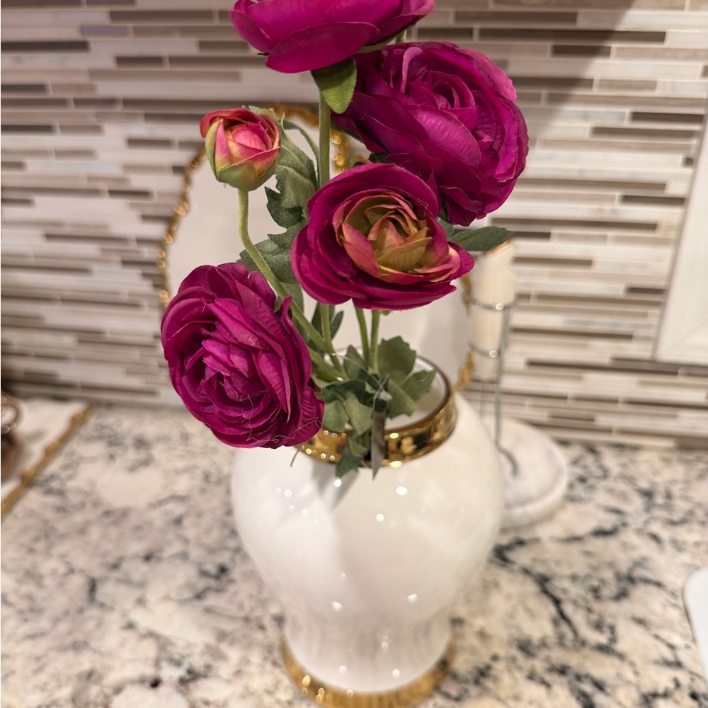 Elegant White and Gold Vase with Pink Flowers